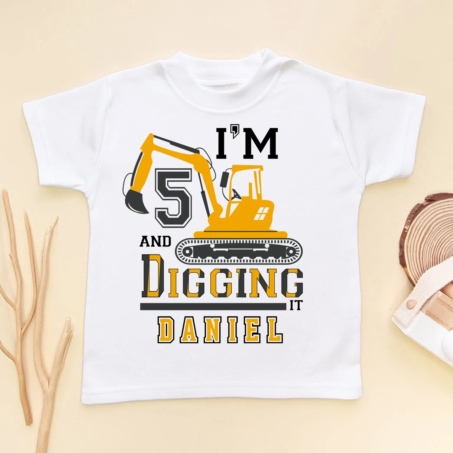 I'm 5 And Digging It Personalised Builder/Construction Birthday Kids & Toddler T Shirt
