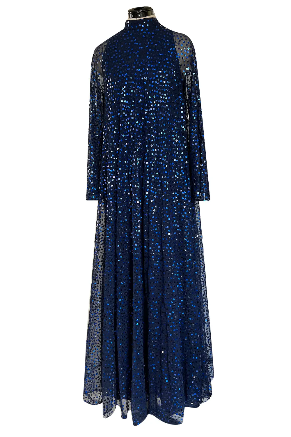 Incredible 1970-1972 Mollie Parnis Blue Sequin on Silk Chiffon Caftan Dress w Wide Sleeves