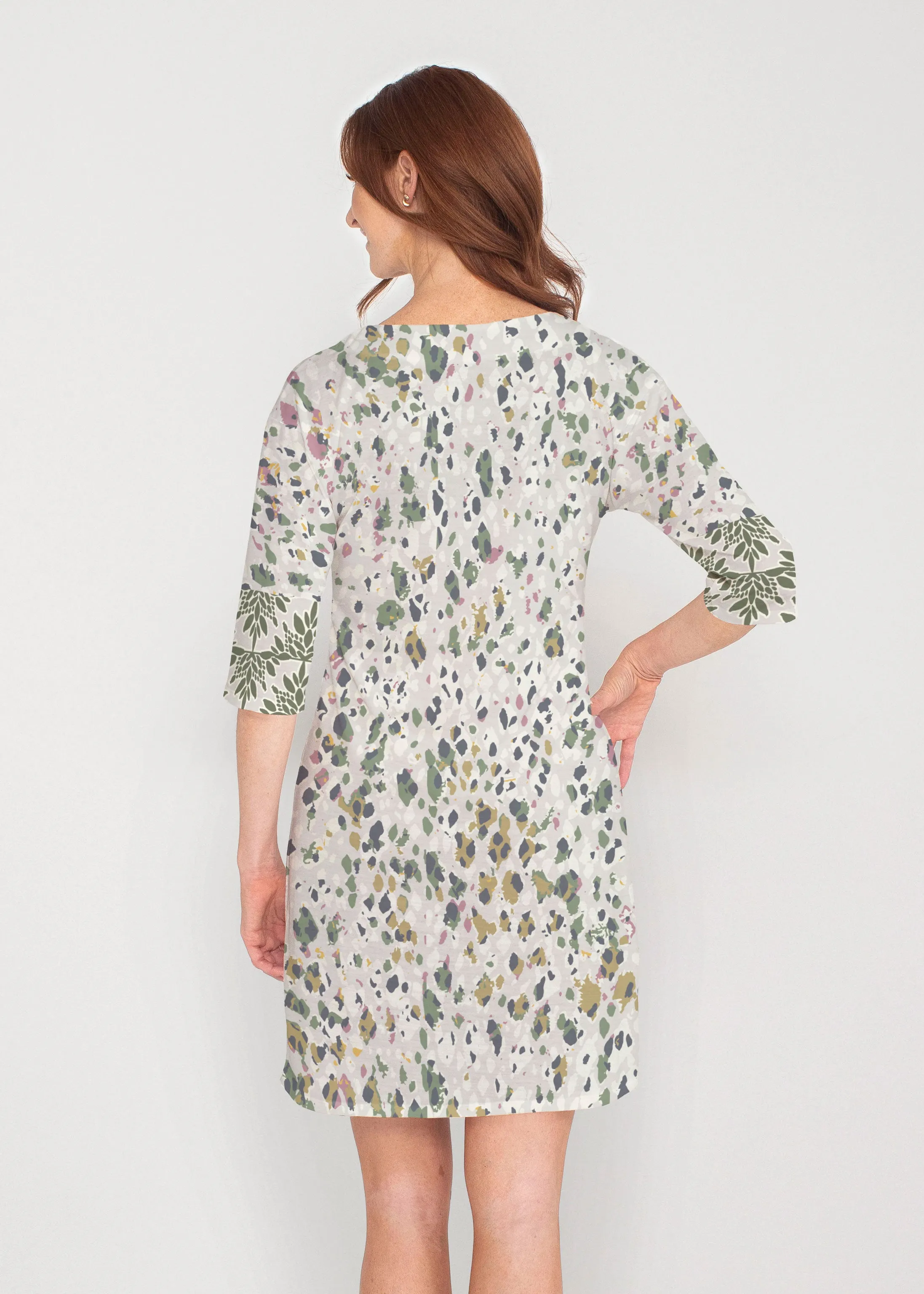 Jazzy Spots (8055) ~ Drop Shoulder 3/4 Sleeve V-Neck Dress