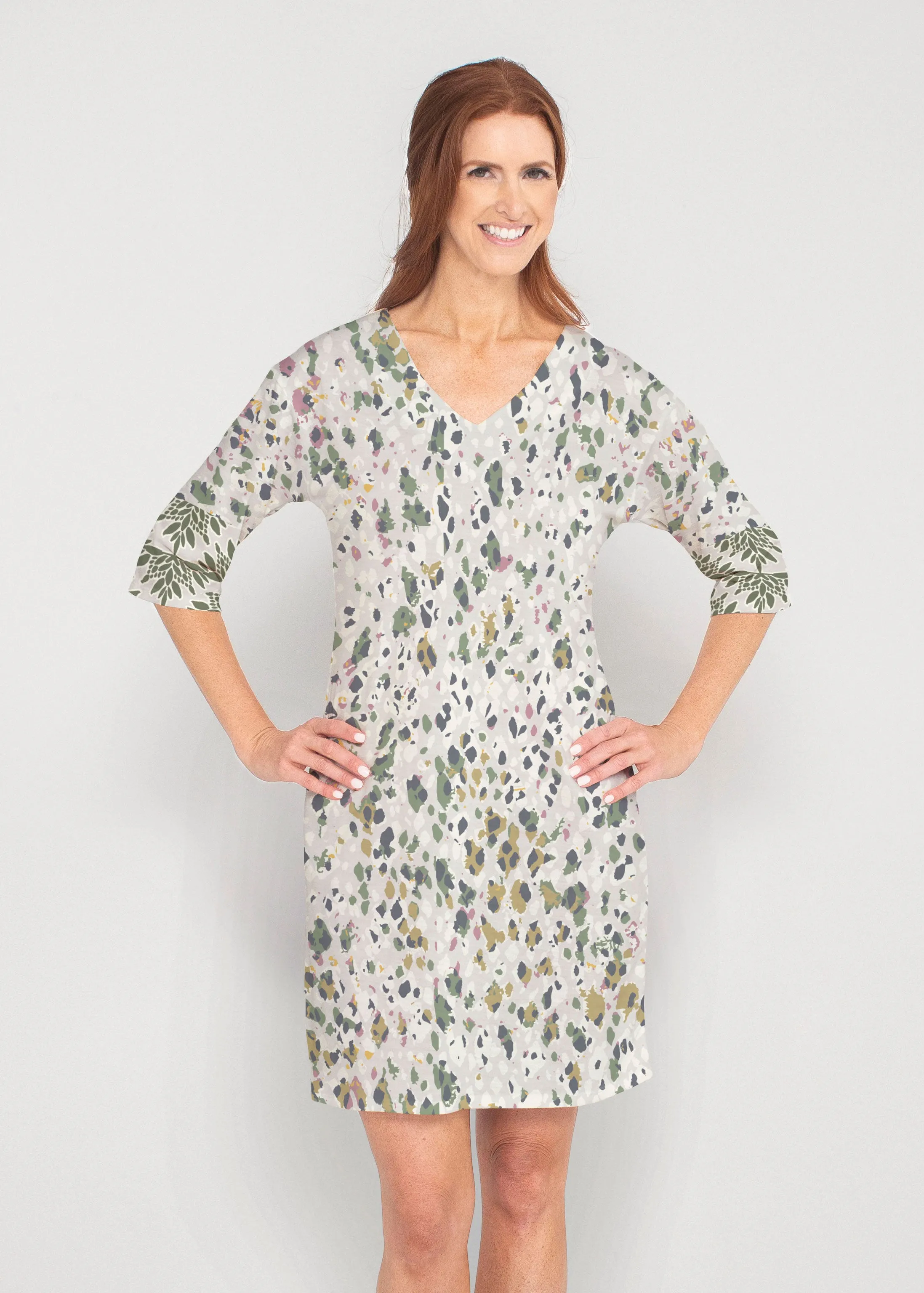 Jazzy Spots (8055) ~ Drop Shoulder 3/4 Sleeve V-Neck Dress