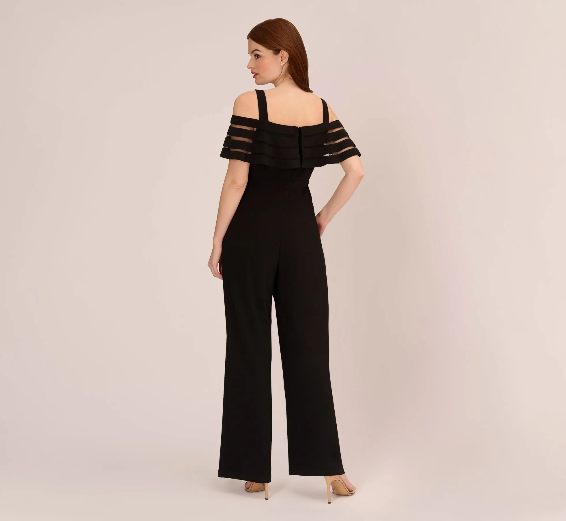 Jersey Banded Ruffled Jumpsuit With Cold Shoulder In Black