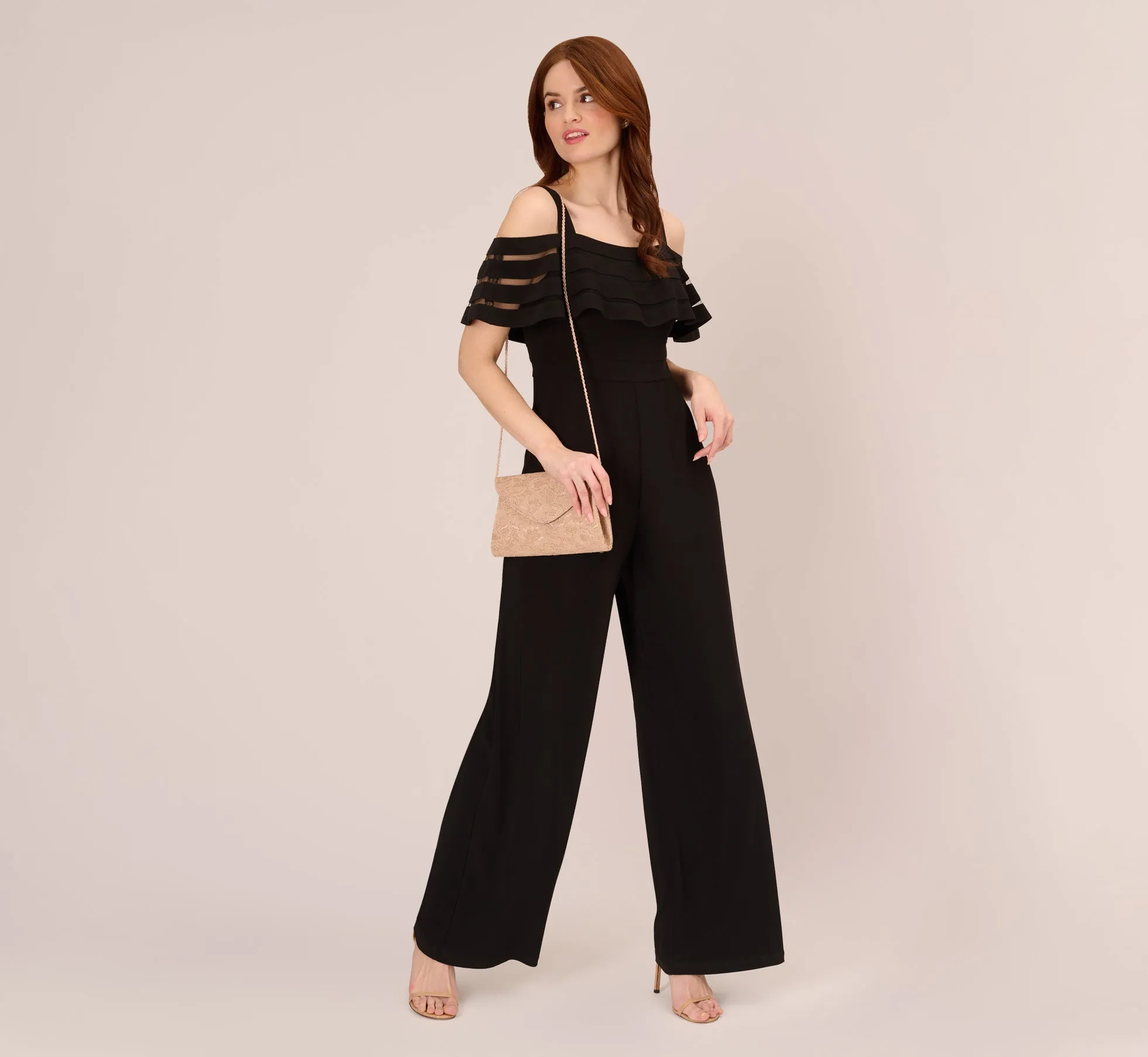 Jersey Banded Ruffled Jumpsuit With Cold Shoulder In Black