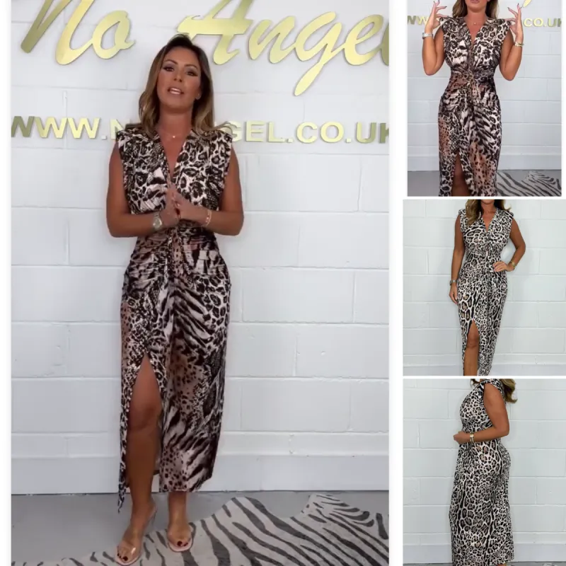 KEEVA - V-NECK LEOPARD PRINT GOWN WITH SLIT