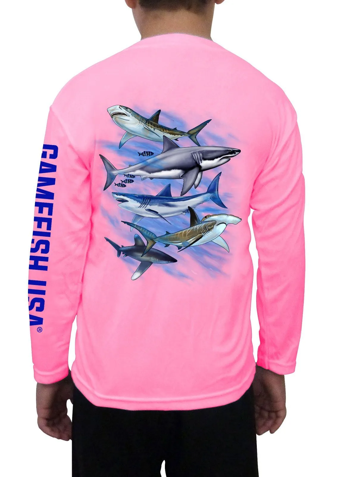 Kid's UPF 50 Long Sleeve Microfiber Moisture Wicking Performance Fishing Shirt Sharks
