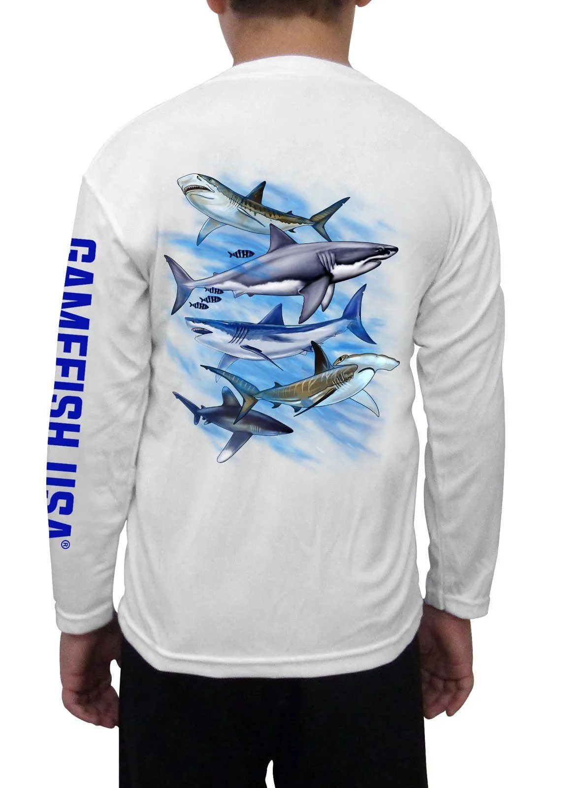 Kid's UPF 50 Long Sleeve Microfiber Moisture Wicking Performance Fishing Shirt Sharks