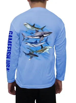 Kid's UPF 50 Long Sleeve Microfiber Moisture Wicking Performance Fishing Shirt Sharks