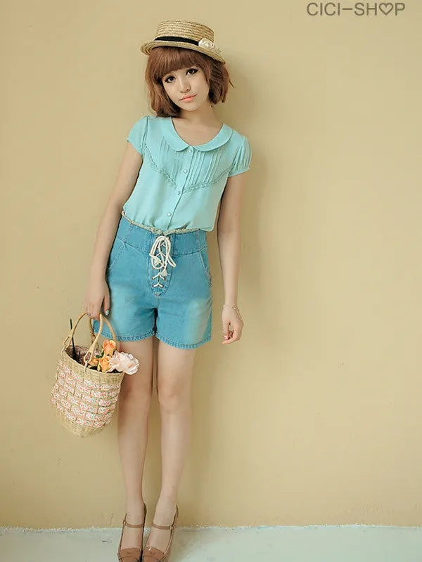lace it up denim shorts