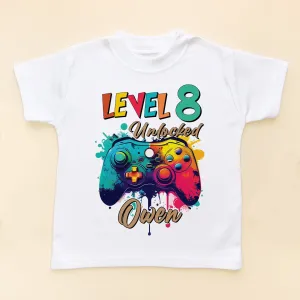 Level 8 Unlocked Colorful Gaming Controller Personalised T Shirt