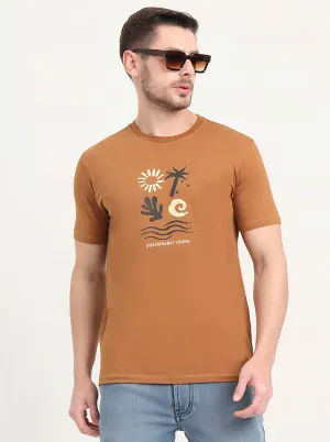 Light Brown Printed Slim Fit T-Shirt | JadeBlue