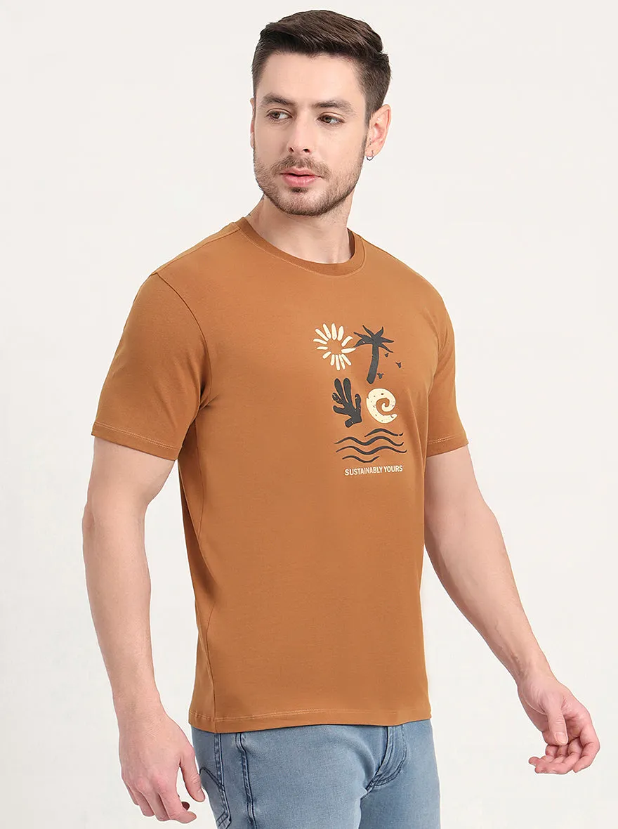 Light Brown Printed Slim Fit T-Shirt | JadeBlue
