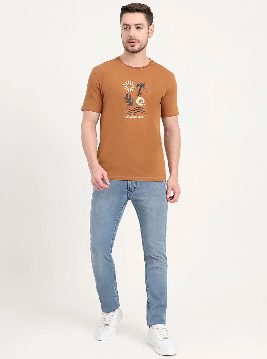 Light Brown Printed Slim Fit T-Shirt | JadeBlue
