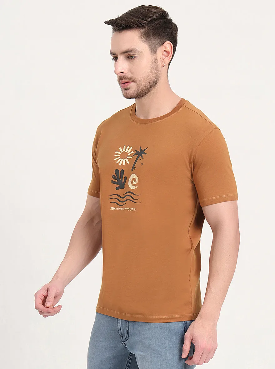 Light Brown Printed Slim Fit T-Shirt | JadeBlue