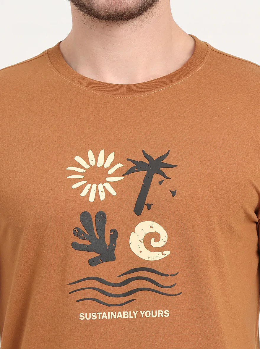 Light Brown Printed Slim Fit T-Shirt | JadeBlue
