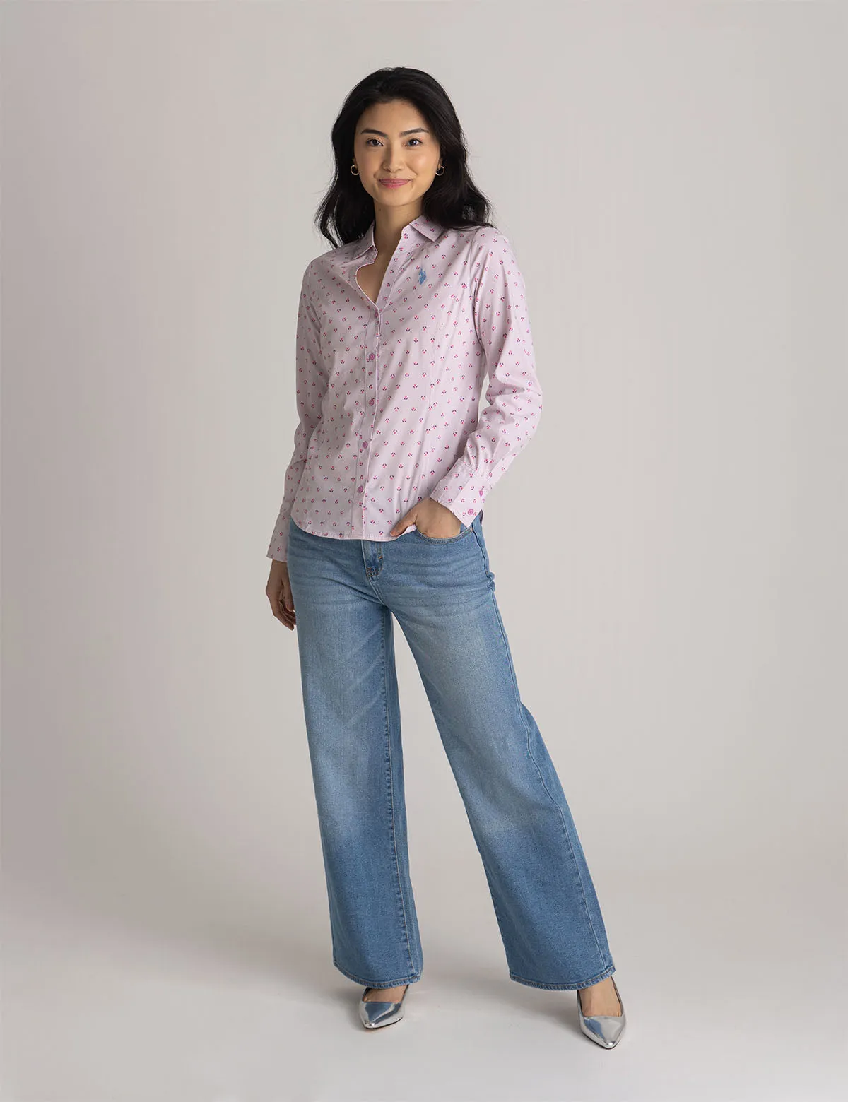 LONG SLEEVE FITTED PRINTED POPLIN SHIRT