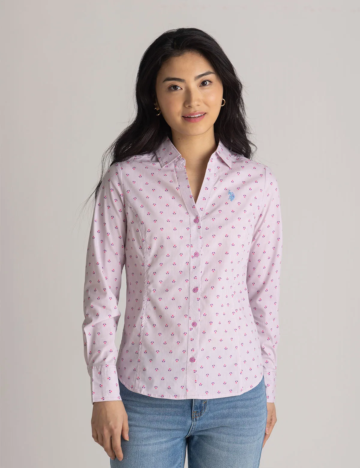 LONG SLEEVE FITTED PRINTED POPLIN SHIRT