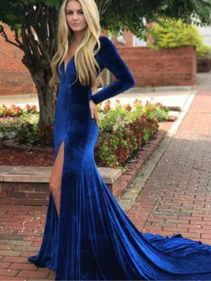 Long Sleeves V-neck Royal Blue Long Velvet Prom Dresses, Simple Prom Dresses, BG0441