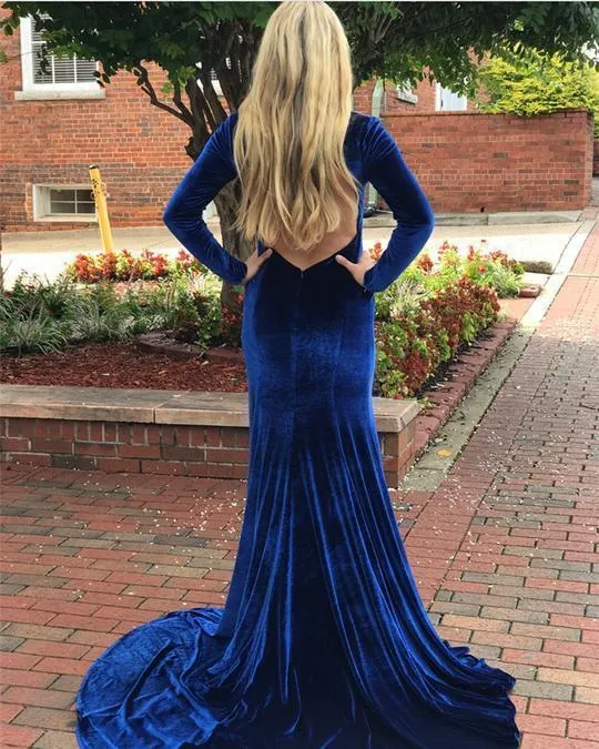 Long Sleeves V-neck Royal Blue Long Velvet Prom Dresses, Simple Prom Dresses, BG0441