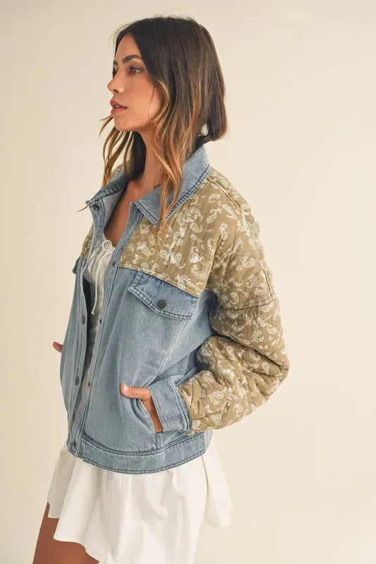 MABLE Quilted Paisley Print Contrast Denim Jacket