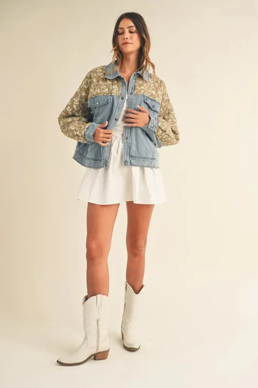 MABLE Quilted Paisley Print Contrast Denim Jacket