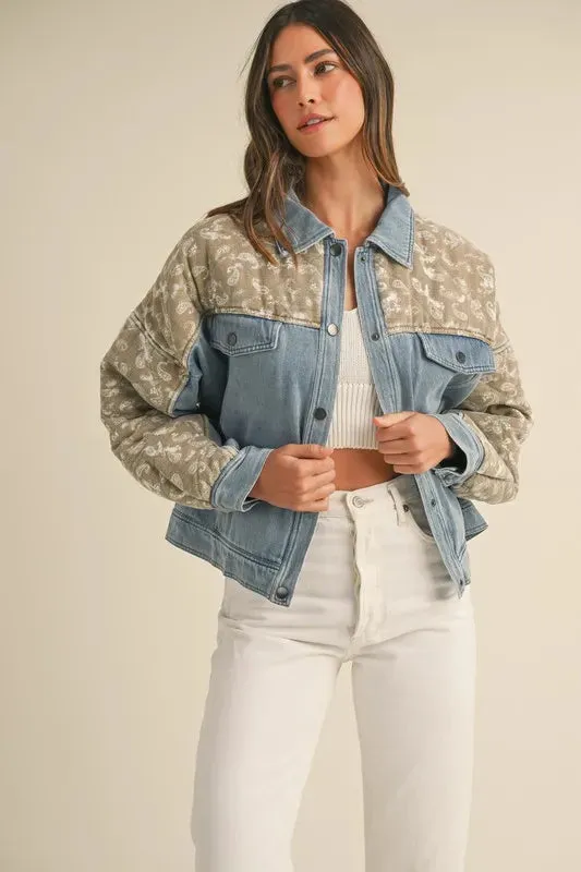 MABLE Quilted Paisley Print Contrast Denim Jacket