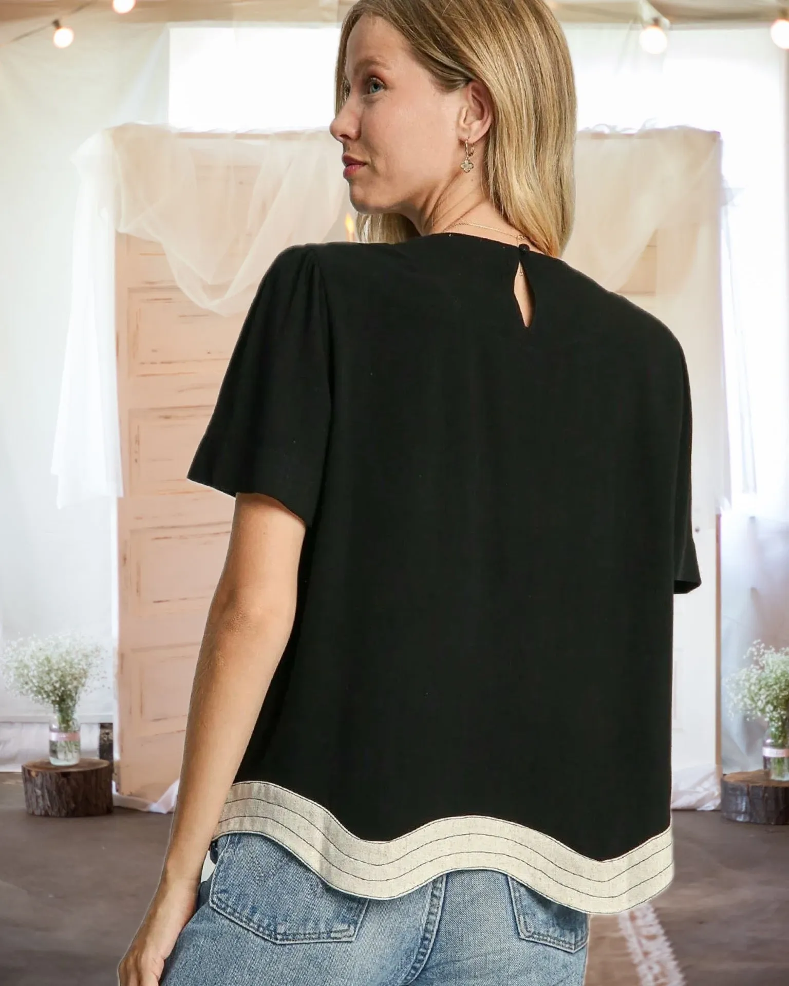 Made the Connection Linen Blend Scalloped Hem Top in Black - Misses and Curvy