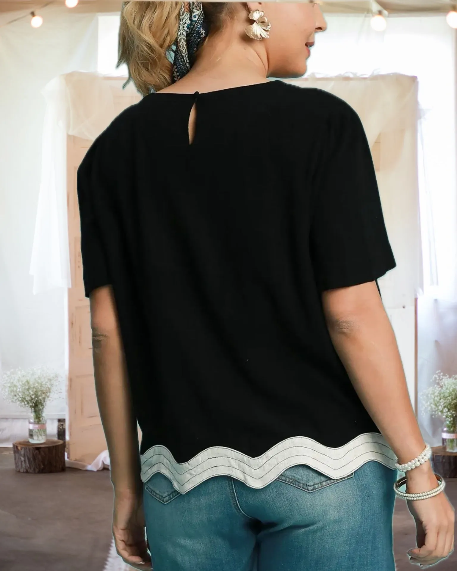 Made the Connection Linen Blend Scalloped Hem Top in Black - Misses and Curvy