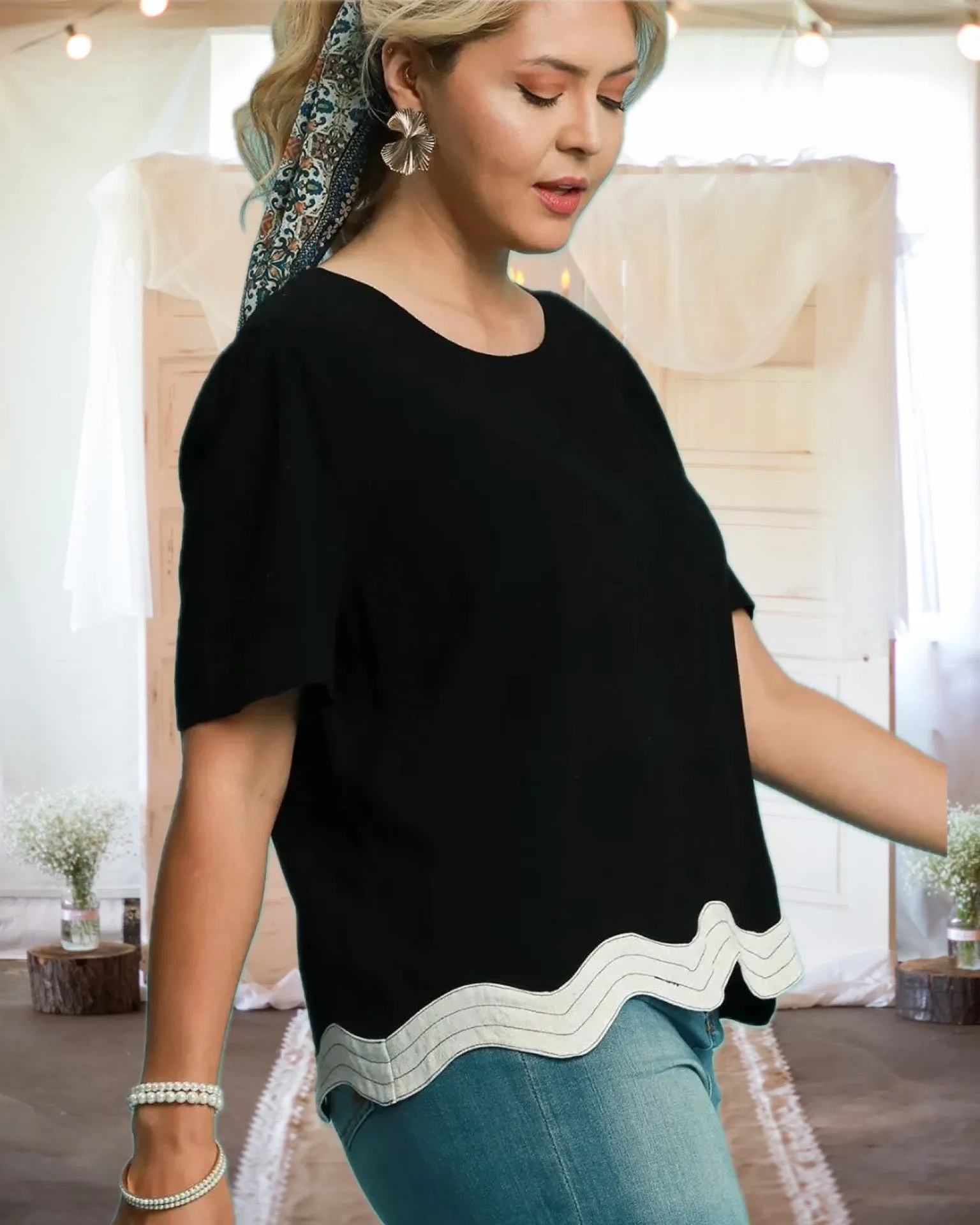 Made the Connection Linen Blend Scalloped Hem Top in Black - Misses and Curvy