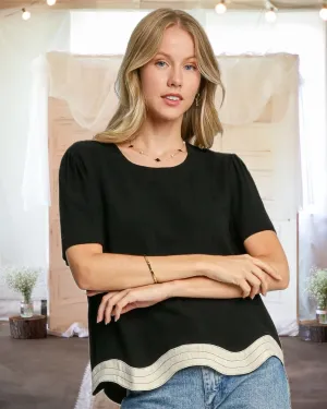 Made the Connection Linen Blend Scalloped Hem Top in Black - Misses and Curvy