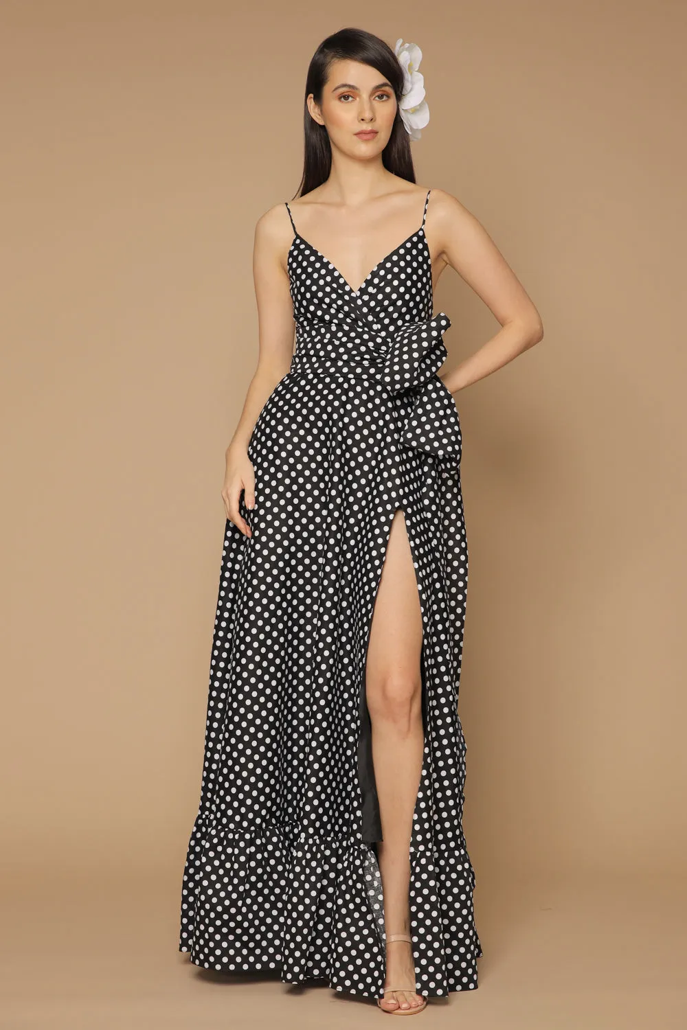 MARGARITA Deep V Maxi with High Slit Skirt and Ruffled Hem with Detachable Waist Tie (Polkadot Black and White)
