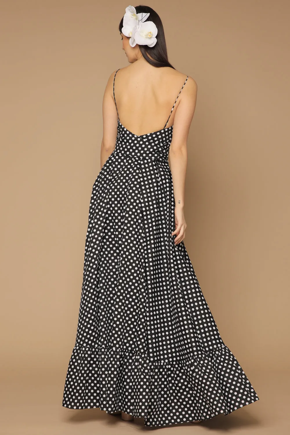 MARGARITA Deep V Maxi with High Slit Skirt and Ruffled Hem with Detachable Waist Tie (Polkadot Black and White)