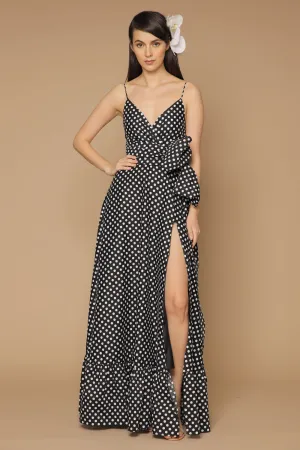 MARGARITA Deep V Maxi with High Slit Skirt and Ruffled Hem with Detachable Waist Tie (Polkadot Black and White)