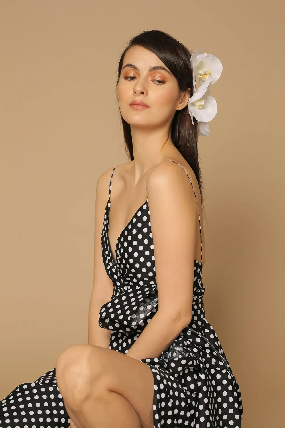 MARGARITA Deep V Maxi with High Slit Skirt and Ruffled Hem with Detachable Waist Tie (Polkadot Black and White)