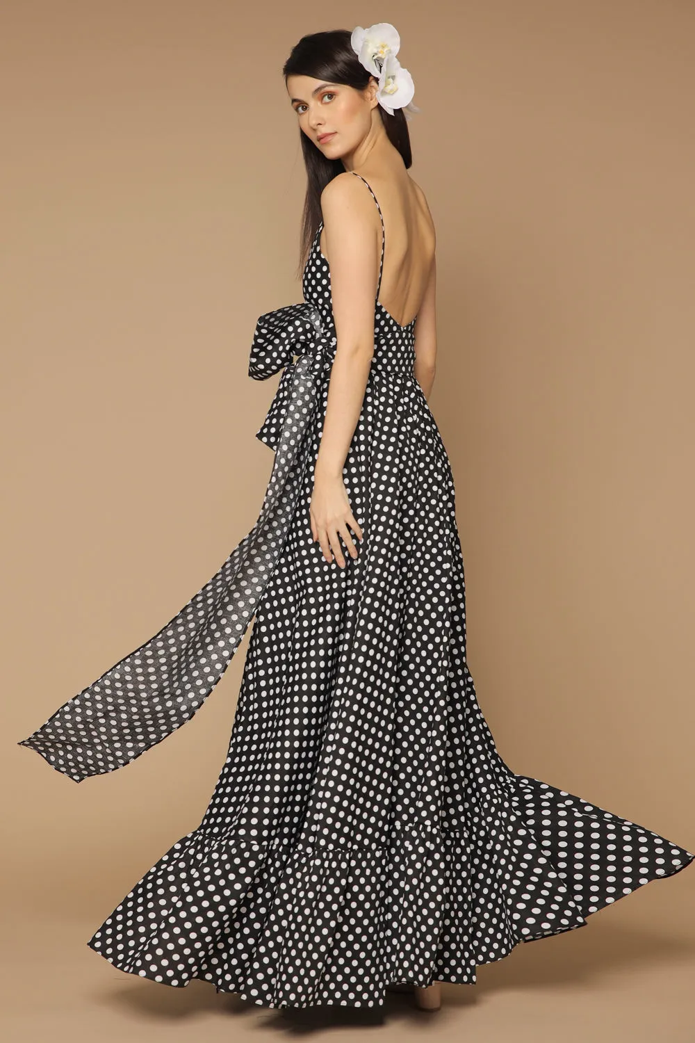 MARGARITA Deep V Maxi with High Slit Skirt and Ruffled Hem with Detachable Waist Tie (Polkadot Black and White)
