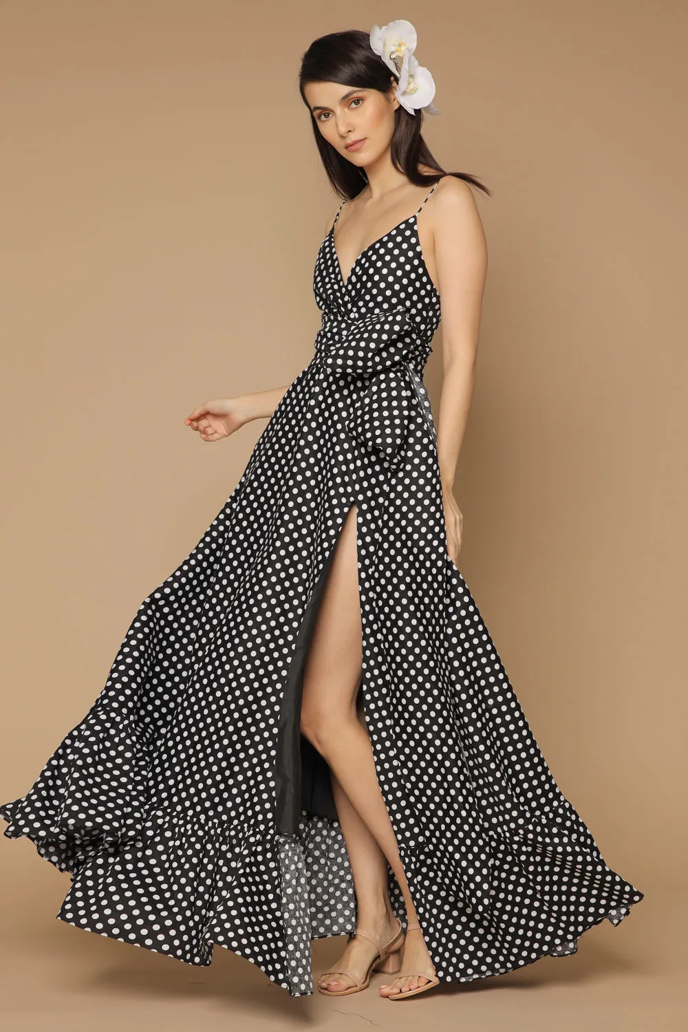 MARGARITA Deep V Maxi with High Slit Skirt and Ruffled Hem with Detachable Waist Tie (Polkadot Black and White)