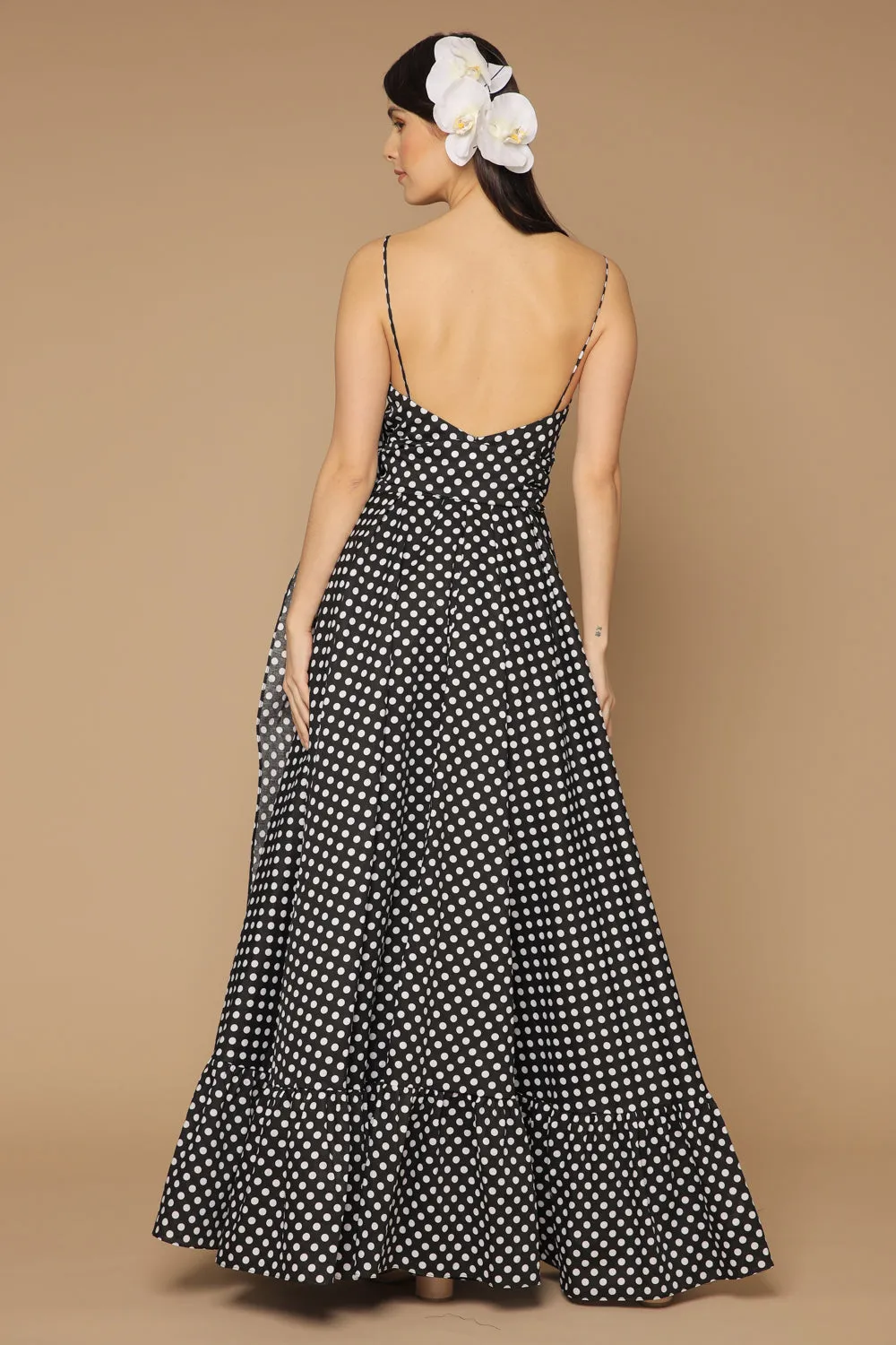 MARGARITA Deep V Maxi with High Slit Skirt and Ruffled Hem with Detachable Waist Tie (Polkadot Black and White)
