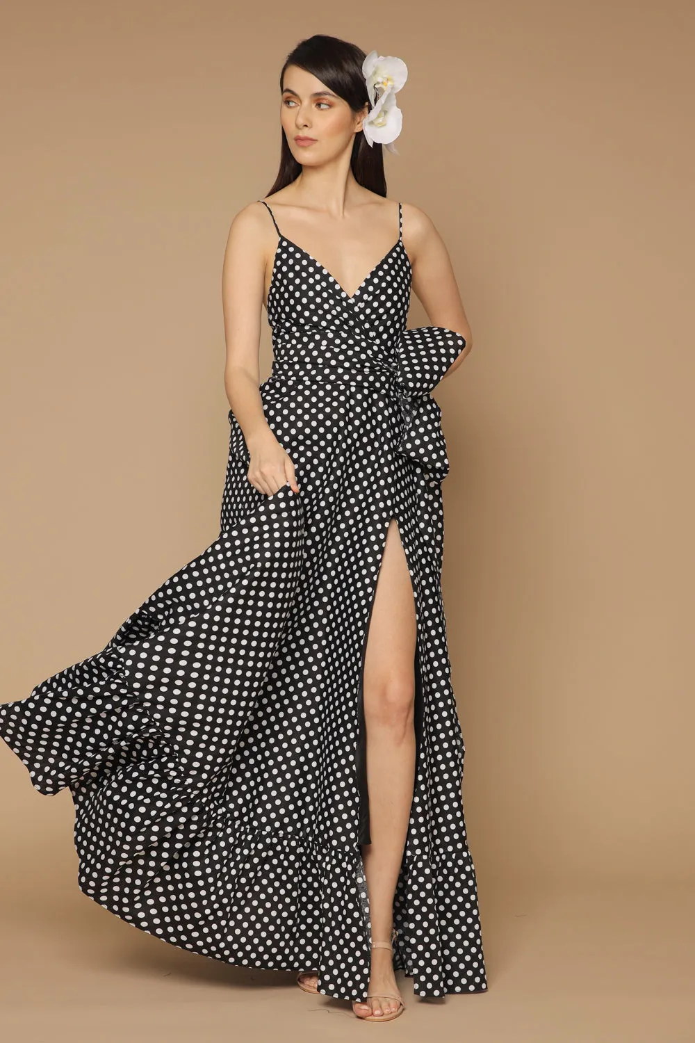 MARGARITA Deep V Maxi with High Slit Skirt and Ruffled Hem with Detachable Waist Tie (Polkadot Black and White)