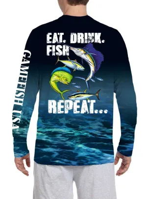 Men's UPF 50 Long Sleeve Microfiber Moisture Wicking Performance Eat Drink Fish