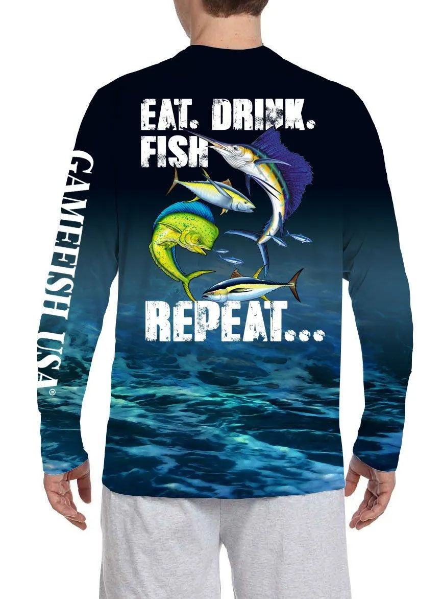 Men's UPF 50 Long Sleeve Microfiber Moisture Wicking Performance Eat Drink Fish