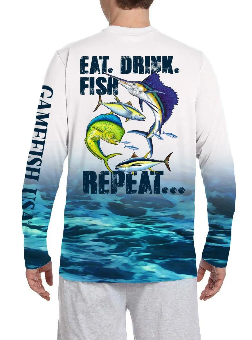 Men's UPF 50 Long Sleeve Microfiber Moisture Wicking Performance Eat Drink Fish