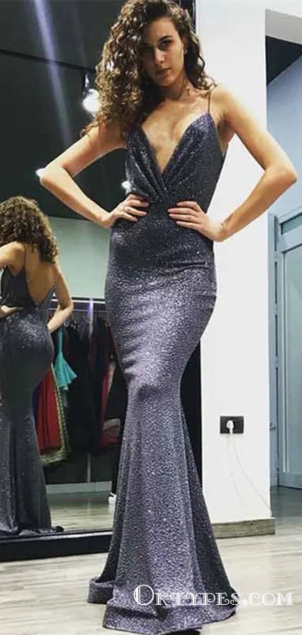 Mermaid Spaghetti Straps Backless Long Cheap Sequin Prom Dresses, TYP1814