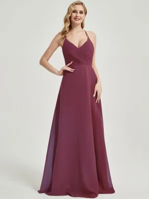 Mulberry Pleated Halter V-Neck Backless Maxi Chiffon Bridesmaid Dress