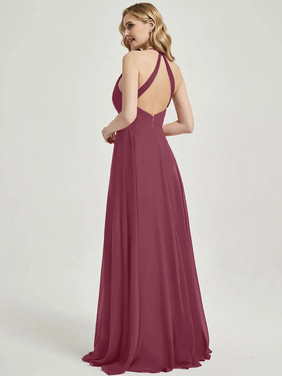Mulberry Pleated Halter V-Neck Backless Maxi Chiffon Bridesmaid Dress
