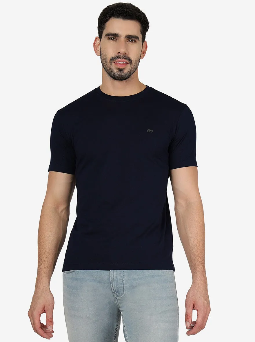 Navy Blue Solid Slim Fit T-Shirt | JadeBlue