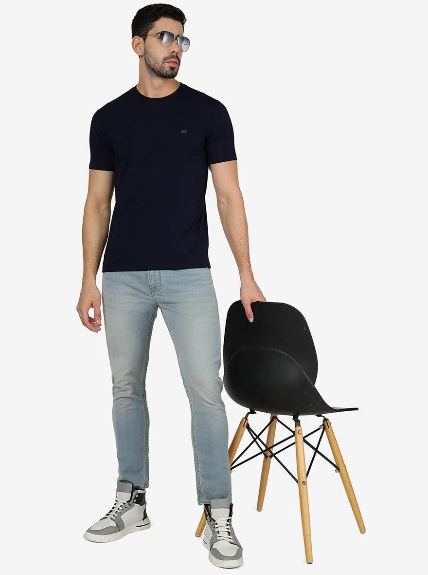 Navy Blue Solid Slim Fit T-Shirt | JadeBlue