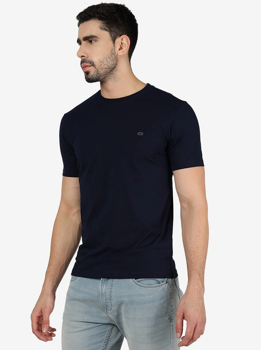 Navy Blue Solid Slim Fit T-Shirt | JadeBlue