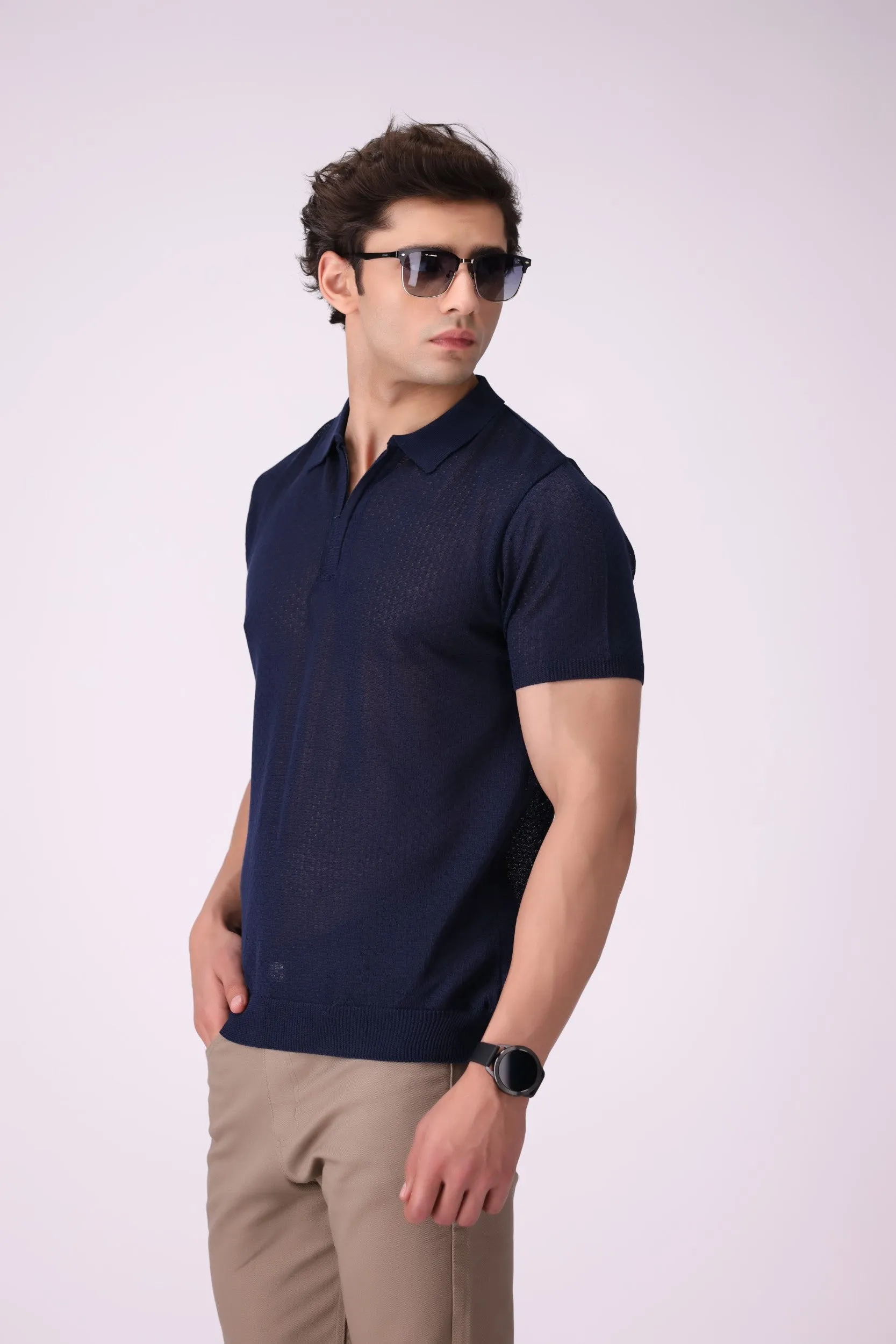 Navy Color Knitted Polo Shirt