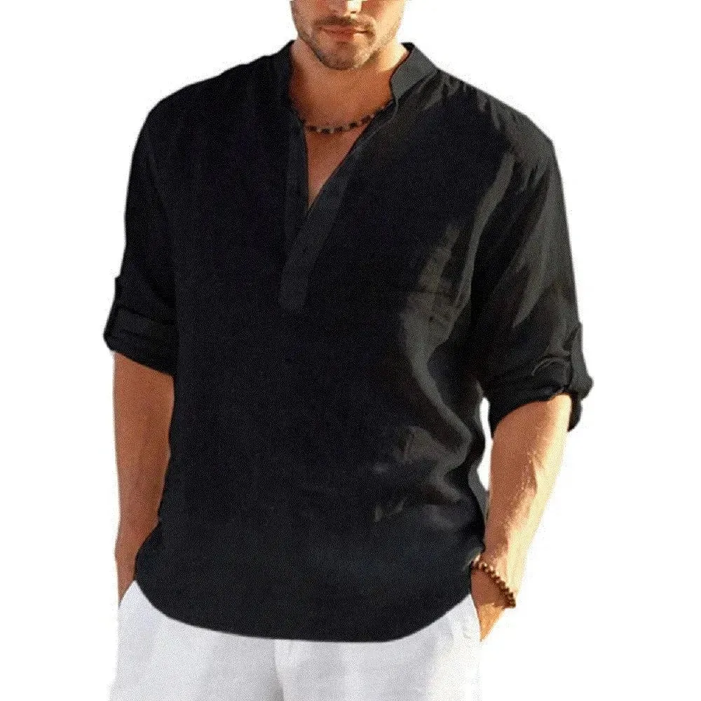 New Men's Linen Long Sleeve Breathable Shirt Solid Color Casual Basic Cotton Linen Shirt Tops Hemp Shirt for Men Tee