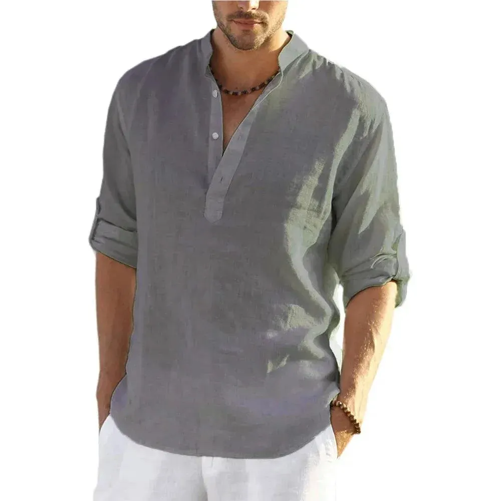 New Men's Linen Long Sleeve Breathable Shirt Solid Color Casual Basic Cotton Linen Shirt Tops Hemp Shirt for Men Tee