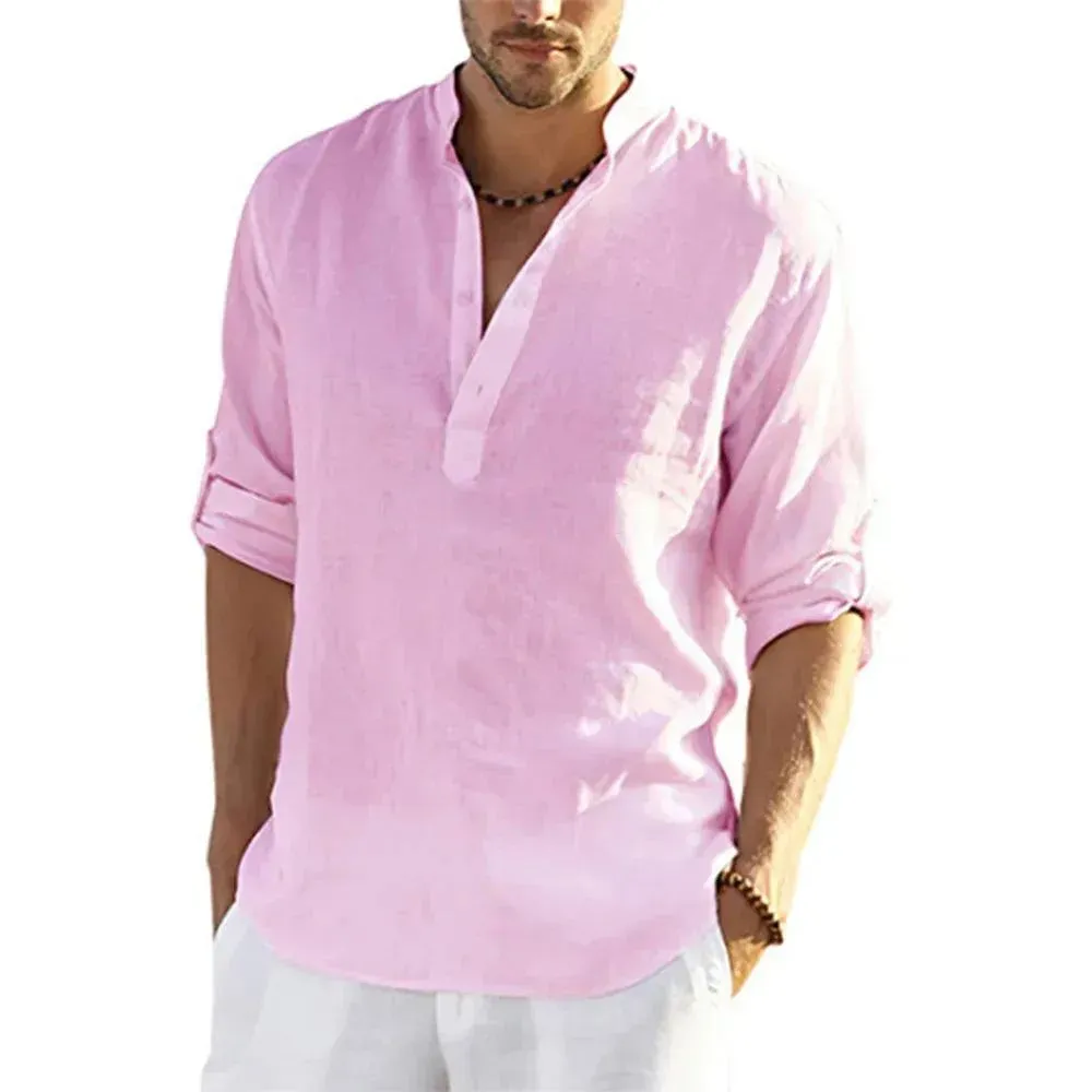 New Men's Linen Long Sleeve Breathable Shirt Solid Color Casual Basic Cotton Linen Shirt Tops Hemp Shirt for Men Tee