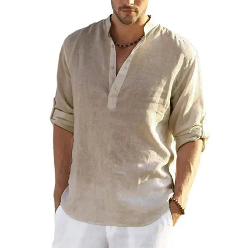 New Men's Linen Long Sleeve Breathable Shirt Solid Color Casual Basic Cotton Linen Shirt Tops Hemp Shirt for Men Tee